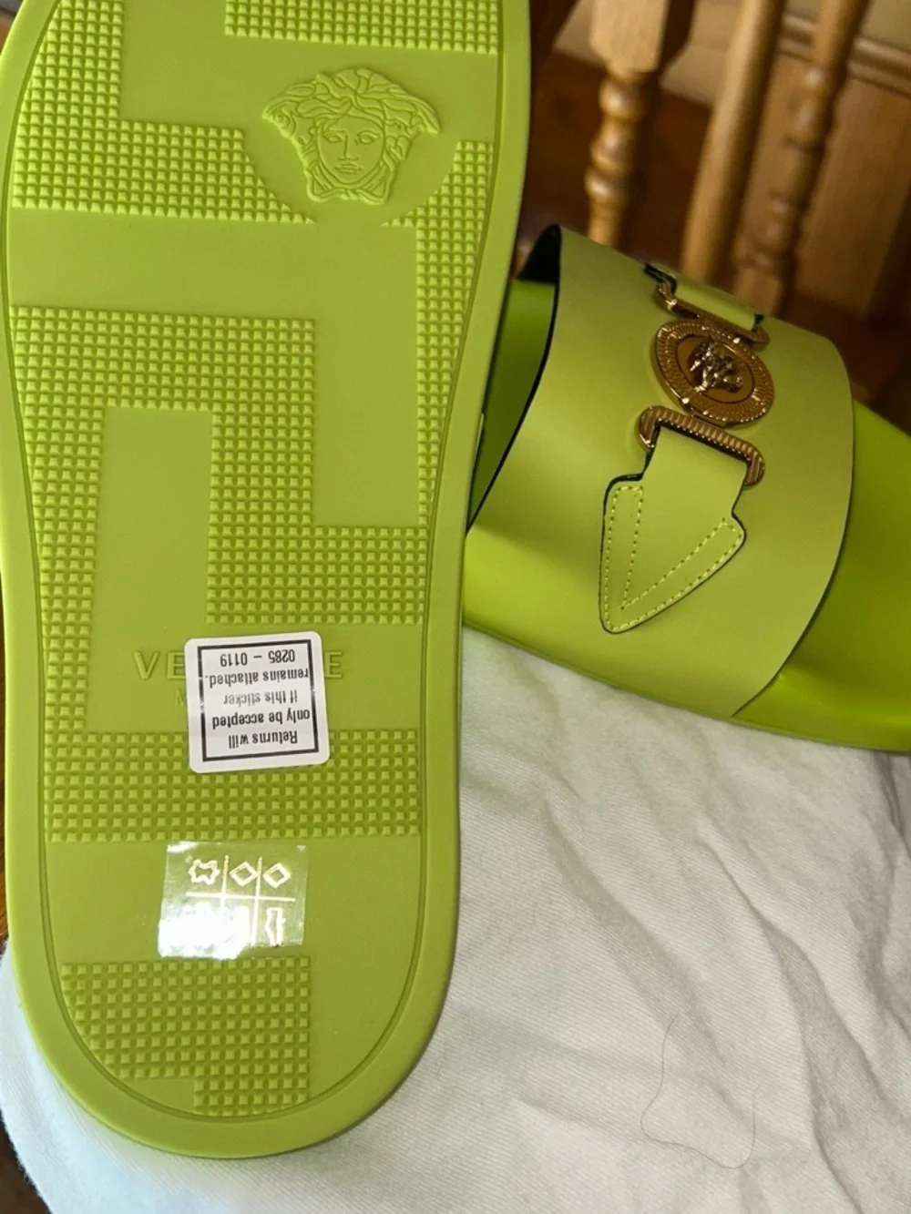 Versace Neon Lime Slide Sandals with Gold Medusa Accents